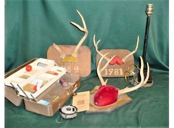 3 Deer Antlers Mounts, Tackle Box, Lamp Base  (244)