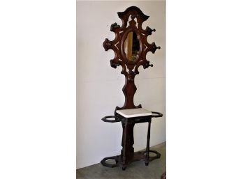 Victorian Black Walnut Mirrored Hall Tree With Marble Top, Drawer & Umbrella Stands, 34'x 12'x 82'H   (253)