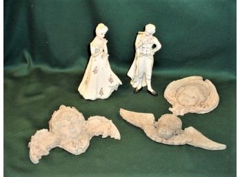 2 Vintage Florence Ceramic Figurines, 9'H & 3 Cast Angel Plaques  (3)