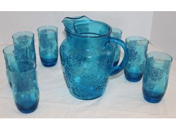 Blue Pressed Pattern Glass Water Set - Pitcher And 8 Glasses  (100)