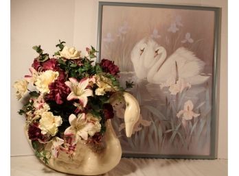 Framed Signed Print, 23'x 29' & Ceramic Swan Planter With Artificial Flowers  (90)