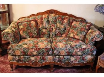 Carved Oak Framed Button Tufted Upholstered 2 Cushion, Loveseat, 69' Long  (173)