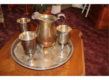 5 Piece Silver Plate Hollow Ware Water Set On Silver Plate Tray      (107)