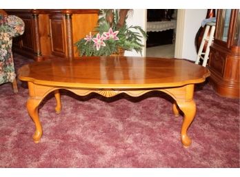 Oak Oval Queen Ann Coffee Table, Parquet Top, Carved Apron, 44'x 27'x 18'H  (109)