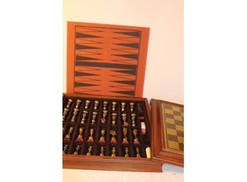Chess, Checkers & Backgammon In 18'x 18' Mahogany Box, Italy, Solid Metal Pieces  (135)