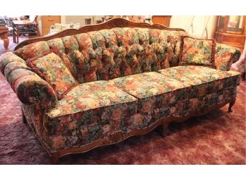Carved Oak Framed Button Tufted Upholstered 3 Cushion Sofa, 96' Long  (174)