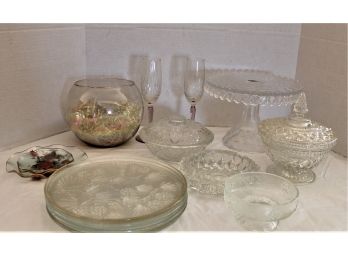 Clear Pressed Glass Cake Plate, 4 10' Tiera Ponderosa Pine Plates & Bowl, 2 Covered Candies, Ash Tray  (110)