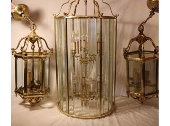 Set Of 3 Heavy Hanging Brass Hexagonal Electric Lights With Clear Beveled Glass  (122)