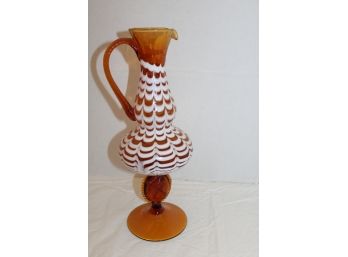 Amber Hand Blown Glass Pitcher With White Pulled Feather Wrap & Medallion Base, Russian  (112)