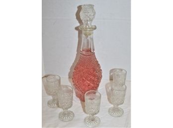 Wine Set - Clear Pressed Glass Decanter & Matching 5 Glass Stems  (101)