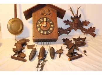 Black Forest Carved Three Weight Cuckooo Clock In Pieces,15'x 14' With 40' Pendulum  (16)
