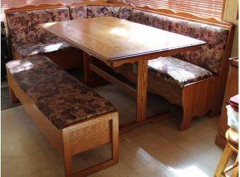 5 Piece Oak Upholstered Kitchen Booth Set With 3 Lift Top Benches And Corner Unit   (193)