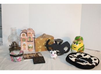 Misc. Lot - Cow Pot Holders & Timer, Covered Boxes, Ceramic Covered  House & M&M Jar, More  (197)