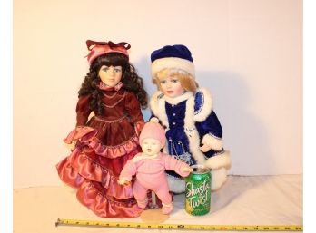 3 Dolls - Collector's Choice By Dundee, Handmade & Clothed 9' Ceramic, Ice Skating Doll 14' (156)
