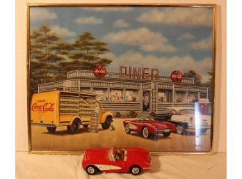Framed Coca Cola Diner Ad, '55 Chevy Corvette Die Cast Model  1:24 Scale      (124)