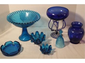 Assorted Group Of  7 Pieces Vintage Blue Glass, 1'-10'H    (52)