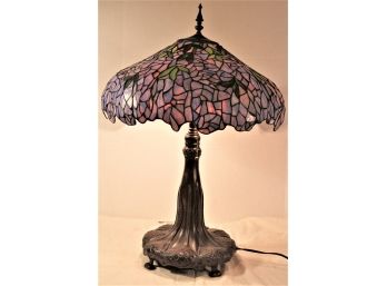 Second Of A Pair Tiffany Style Leaded Glass Table Lamp With Mottled Glass, Ornate Base,  21' Dia, 31'H   (191)