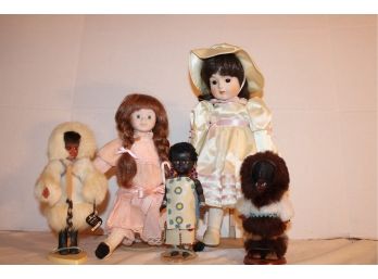5 Dolls:  'petticoats & Lace' (Gorham) 14'H, Handmade 11', 3 Ethnic, 8', 7',6'    (157)