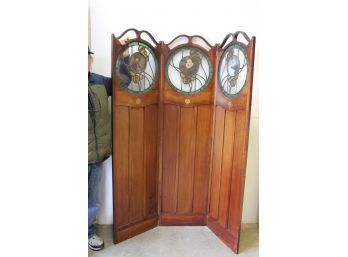 Antique Walnut 3 Door  Dressing Screen, 19'x 72' (each Panel) With Three Stained Glass Inserts) (84)