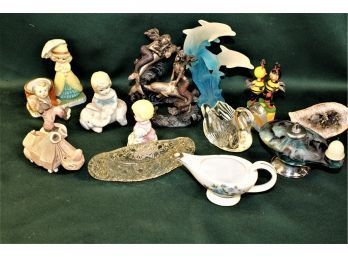 3 Dolphin Figurines, 4 Figurines, Geode W/miners, Finger Toy, Rhino, Glass Swan & Canoe,   (125)
