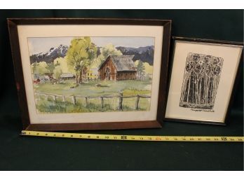 2 Framed Art - Watercolor 17'x 13' And Rubbing 9'x 11'  (105)