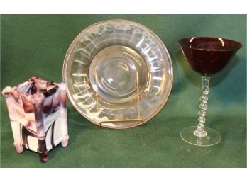 Grimes Acro Agate Peg Leg Vase, Circa 1891, 4'H Red Glass Stem 6' & Pink Depression Era 7' Plate  (19)