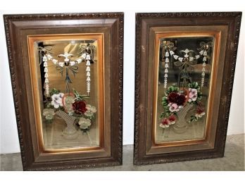 Pair Of Framed Beveled, Painted & Etched Glass Mirrors, Circa 1890,signed SSB, 21.5'x 34'   (9)