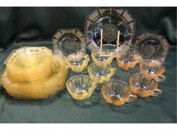 Depression Era Glass Dishes - Eight 9' Plates, Eight 6' (4 Amber, 4 Pink) Plates, 8 Cups(4 Amber, 4 Pink)