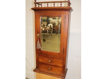 Antique Oak Hanging , Barber's  Cabinet With Beveled Glass Mirror And 2 Drawers, 20'x 10'x 40'H  (82)