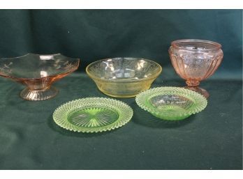 5 Pcs Depression Era Glass - 8'yellow Bowl, 9'H Pink Candy, 7'&6' Green, 10' Pink Bowl   (160)