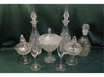 3 Clear Glass Decanters, 3 Covered Candy Jars, Bride & Groom Champagnes