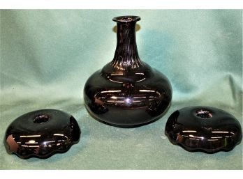 Pair Black Glass Candle Holders, 5'x 2', Black Amethyst Hand Blown Vase, 6'x 8'H  (16)