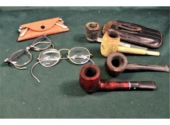 3 Pair Old Eye Glasses, 4 Smoking Pipes And Leather Tobacco Pouch/Pipe  Holder  (231)