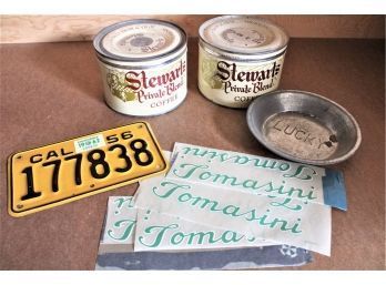 1956 CA Motorcycle License Plate, 2 10 Lb Coffee Cans, Tomasini Decals, Lucky Alum Tin  (100)
