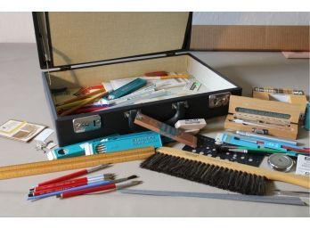 Case With Drafting Supplies, Iiber Knives, Measure, Pencils & Lead, (case Is Missing Handle)  (3)