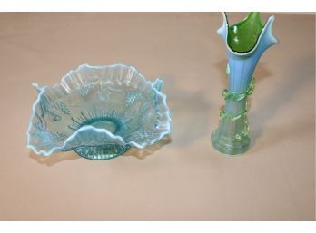 Hand Blown Opalescent Glass 7'H  Vase & Blue Glass 8'W Bowl(Fenton?)  (32)
