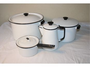 Vintage White Enamel Pots With Lids, 12', 9' &7', Coffee Pot, Double Boiler Added   (20)