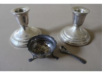 Sterling (weighted) Candlesticks, & Sterling Salt Cellar With SP Spoon   (343)