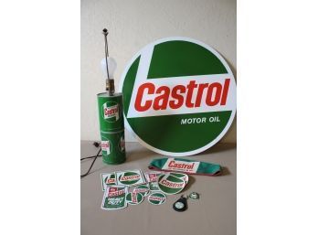 Castrol Motor Oil Lot - One Sided 22' Metal Sign, Decals 2 Key Chains, Cap, 20' Lamp  (6)