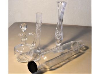 14' Glass Rolling Pin, 2 Crystal Bud Vases, Cruet With Stopper  (63)
