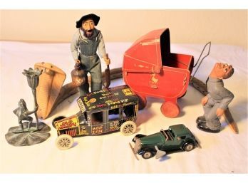 'Minic' Toy Wind Up (not Working), Old Jalopy, 2 Figures, Pram, Frog  (58)