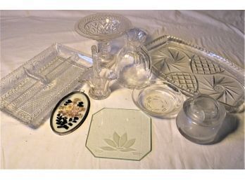 9 Pieces Glass Lot - 2 Trays, Covered Jar, Vases, Compote, Basket,  More   (49)