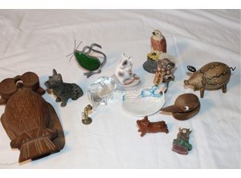 Group Of Figurines - Folk Art Movable Owl, Glass Elephant, Metal Dog, German Girl On Shell, More  (21)
