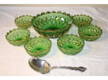 Green Depression Era 9' Berry Bowl With 6, 5' Bowls And Victorian Silver Plate Berry Spoon  (18)
