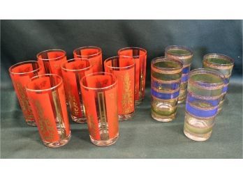 12 Glass Tumblers, 8 Red & Gold  & 4 Blue, Green & Gold, 5.5' H   (133)