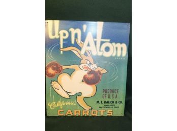 Vintage Upn' Atom Calif Carrot Metal Advertising Sign, 12'x 15'   (335)