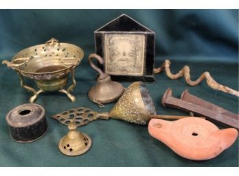 Misc Lot -early Ceramic Fluid Lamp, Brass Incense Burner (topless), Stained Glass Frame, More  (81)