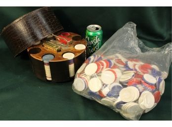 Vintage Poker Chips & Cards In Caddy, Extra Chips   (236)