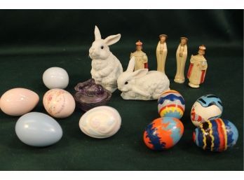 Vintage Easter Decorations , Antique Sun Turned Purple Glass Settin Rabbit  & Figurines   (302)