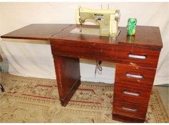 Necchi Stainless Steel Sewing Machine, Italy In Mahogany Cabinet With Accessories  (343)